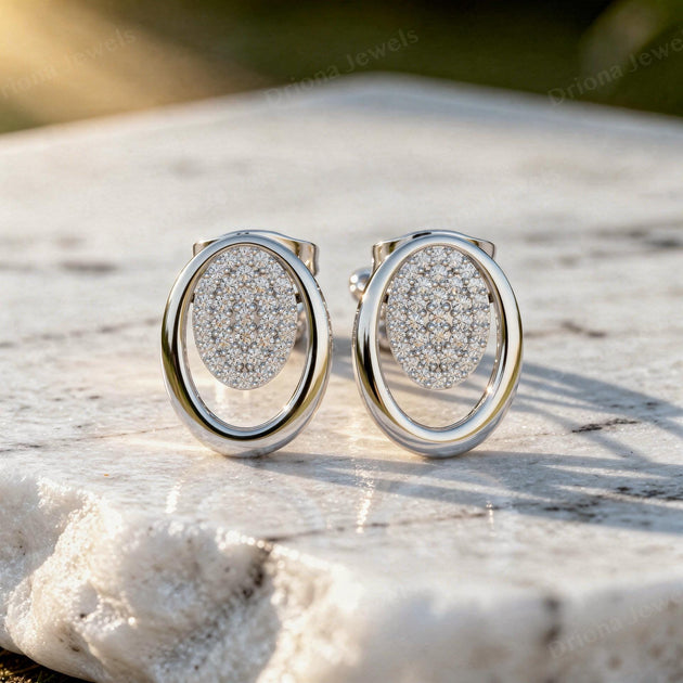 Driona Jewels Oval Pavé Diamond Stud Earrings – Solid Gold Fine Jewelry