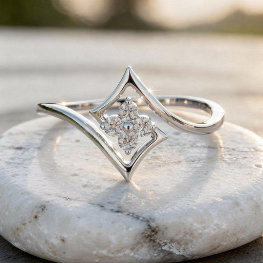 Geometric Diamond Ring, Minimalist Square Frame, Solid Gold or Sterling Silver