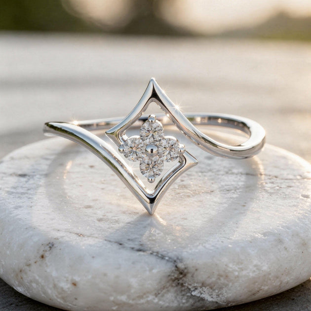 Geometric Diamond Ring, Minimalist Square Frame, Solid Gold or Sterling Silver