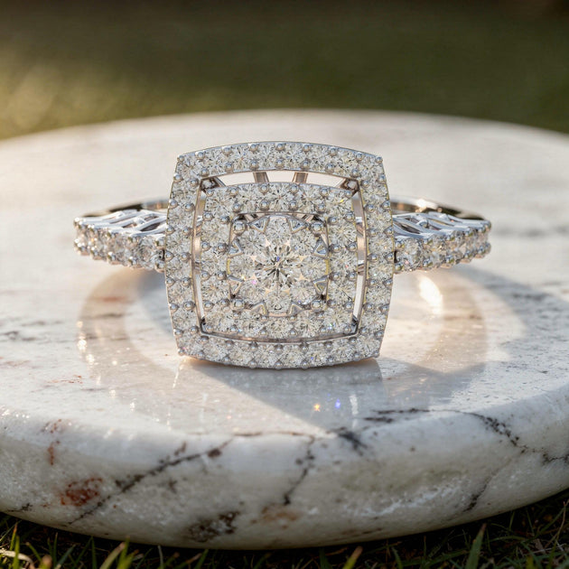 Cushion Shape Double Halo Cluster Diamond Engagement Ring with Split Shank Luxury Bridal Ring