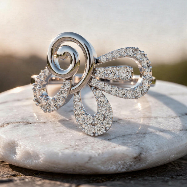 Abstract Ribbon Swirl Pavé Diamond Ring Modern Sculptural Gold Statement Jewelry