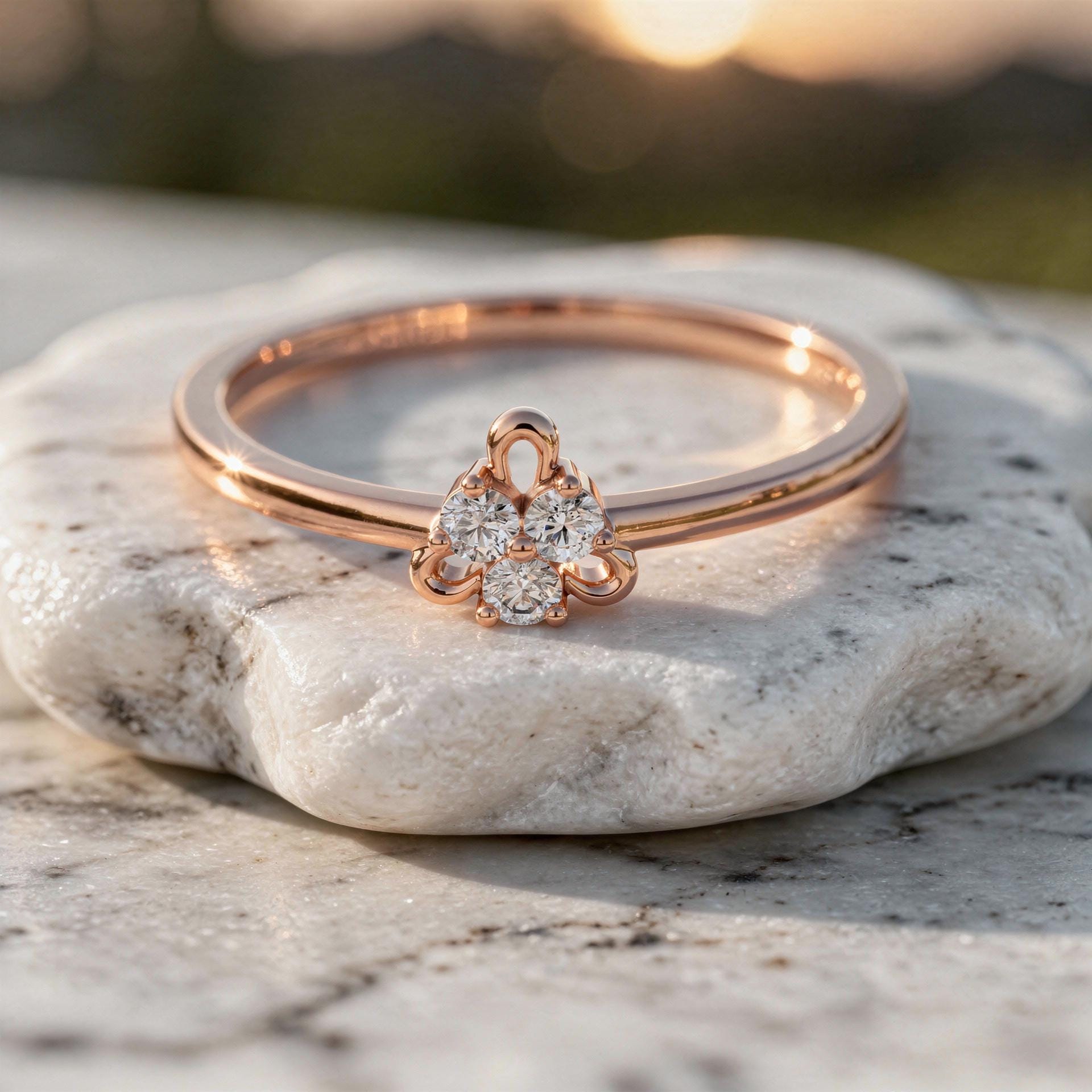Dainty Three Stone Diamond Ring Floral Minimal Gold Stackable Promise Ring