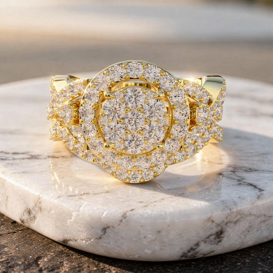 Round Halo Engagement Ring Double Halo Cluster Moissanite or Lab Grown Diamond Solid Gold