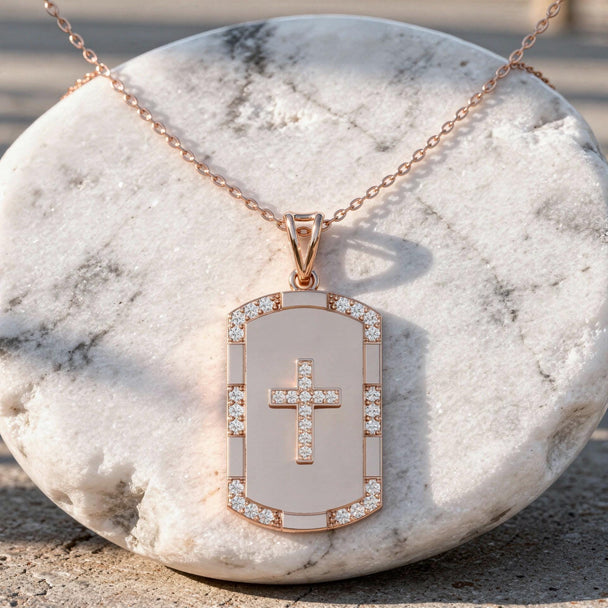 Diamond Cross Dog Tag Necklace in 14K White Gold