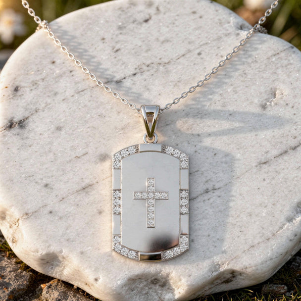 Diamond Cross Dog Tag Necklace in 14K White Gold