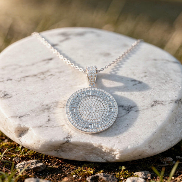 Greek Key Diamond Medallion Pendant in 14K Rose Gold