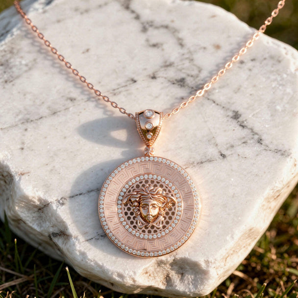 Medusa Inspired Diamond Medallion Pendant in 14K Rose Gold