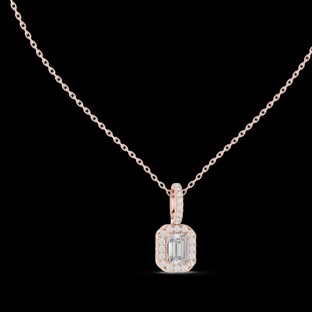 Emerald Cut Diamond Halo Pendant in 14K Rose Gold