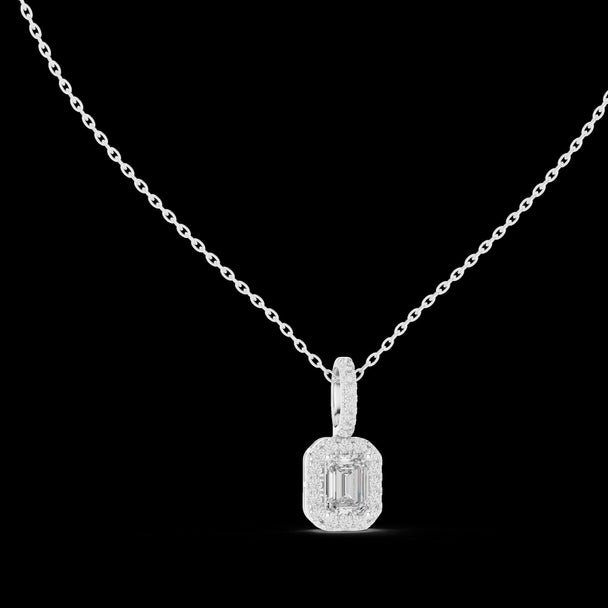 Emerald Cut Diamond Halo Pendant in 14K Rose Gold