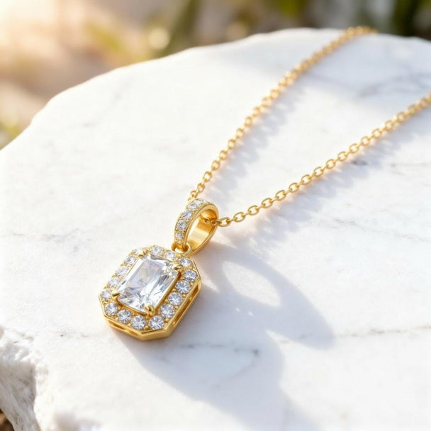 Emerald Cut Diamond Halo Pendant in 14K Rose Gold