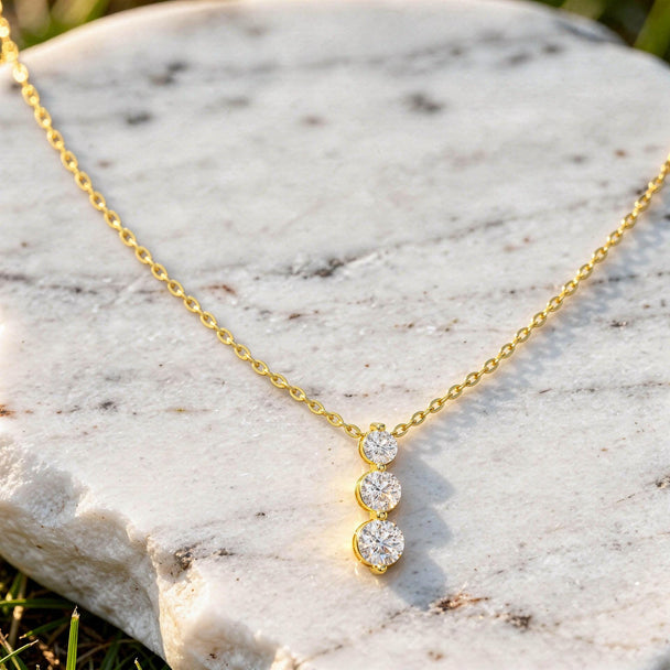 Three Stone Diamond Drop Necklace in 14K Rose Gold