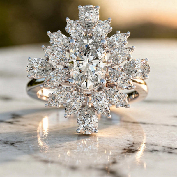 Art Nouveau 4 Ct Oval Cut Engagement Ring, Floral Sunburst Statement, Prong Set