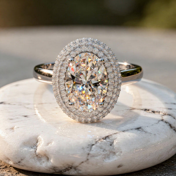 2ct Oval Cut Double Halo Engagement Ring, Solid Gold Bridal Jewelry