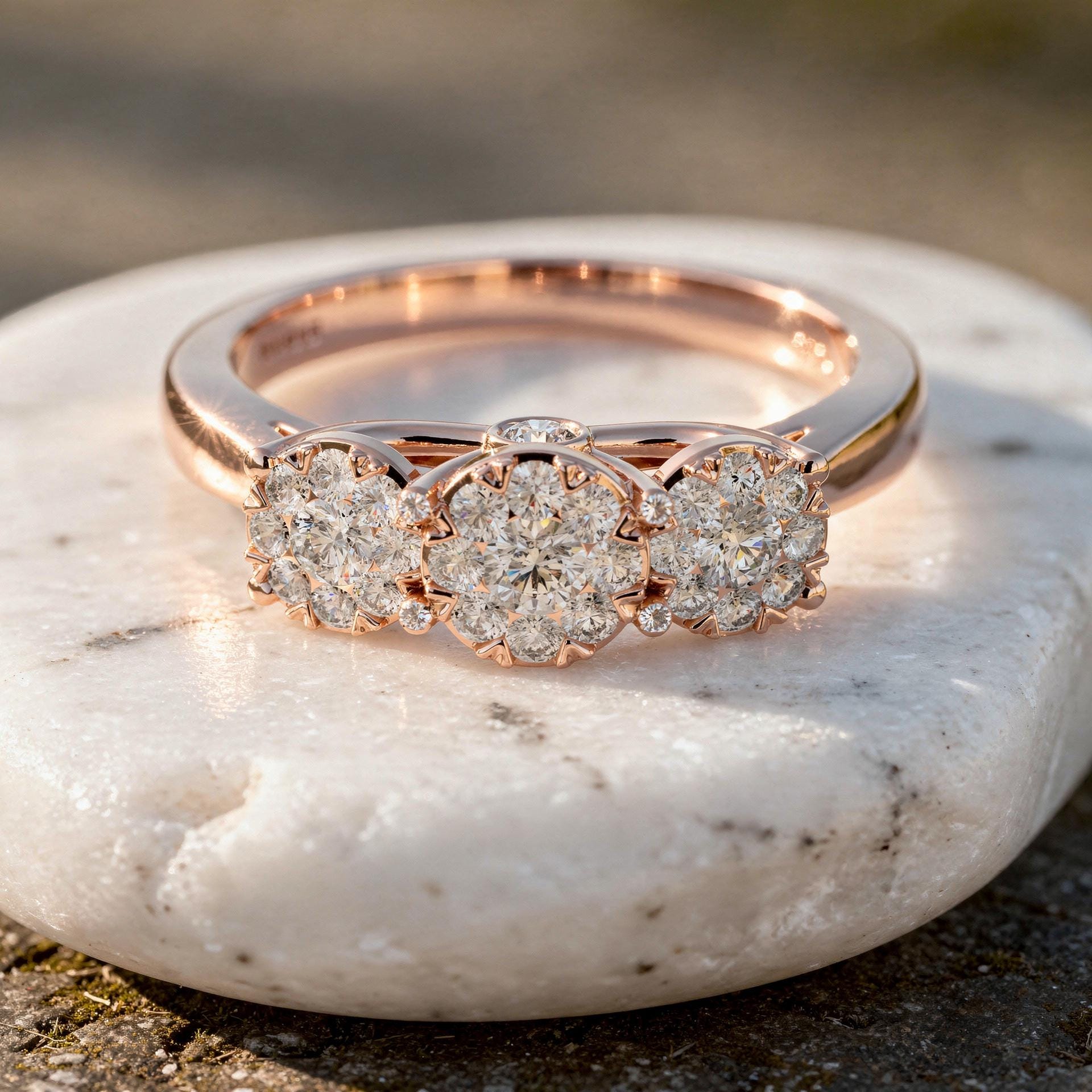 Round Three Stone Cluster Diamond Ring Classic Bridal Engagement Ring with Smooth Band