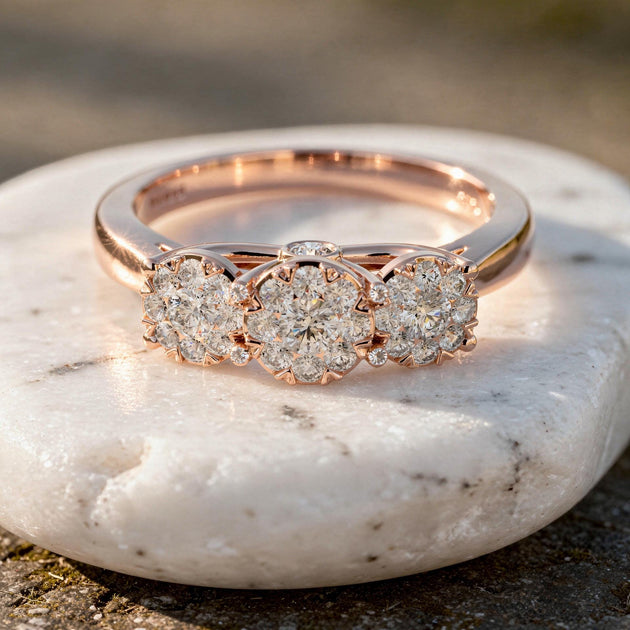 Round Three Stone Cluster Diamond Ring Classic Bridal Engagement Ring with Smooth Band