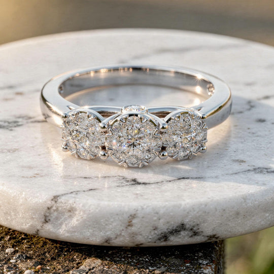 Round Three Stone Cluster Diamond Ring Classic Bridal Engagement Ring with Smooth Band