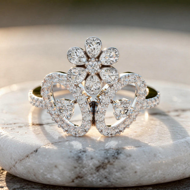 Floral Diamond Statement Ring Double Halo Bloom Design Elegant Gold Luxury Jewelry