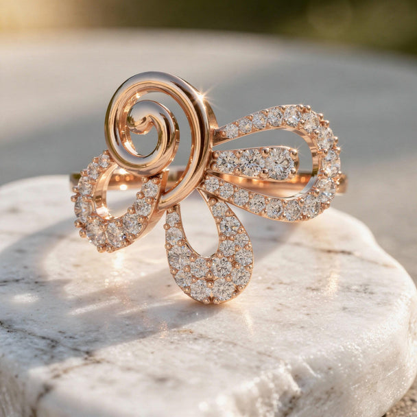 Abstract Ribbon Swirl Pavé Diamond Ring Modern Sculptural Gold Statement Jewelry