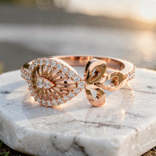 Paisley Leaf Diamond Ring Nature Inspired Infinity Loop Gold Statement Ring