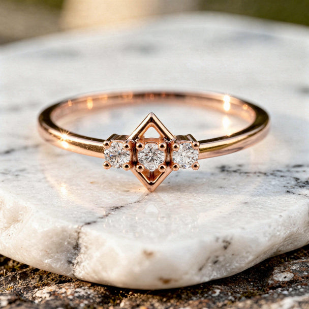 Geometric Three Stone Diamond Ring, Dainty Gold Promise Jewelry