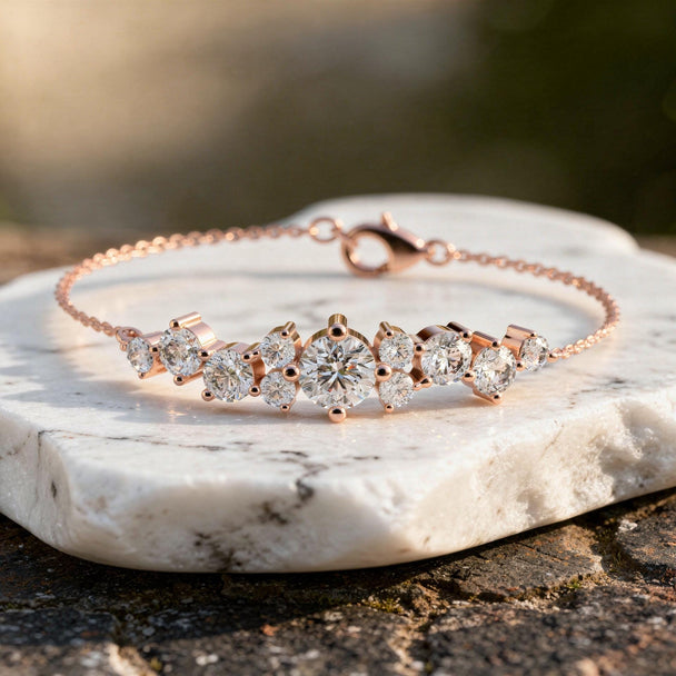 Round Diamond Station Bracelet, Solid Gold Chain Bracelet