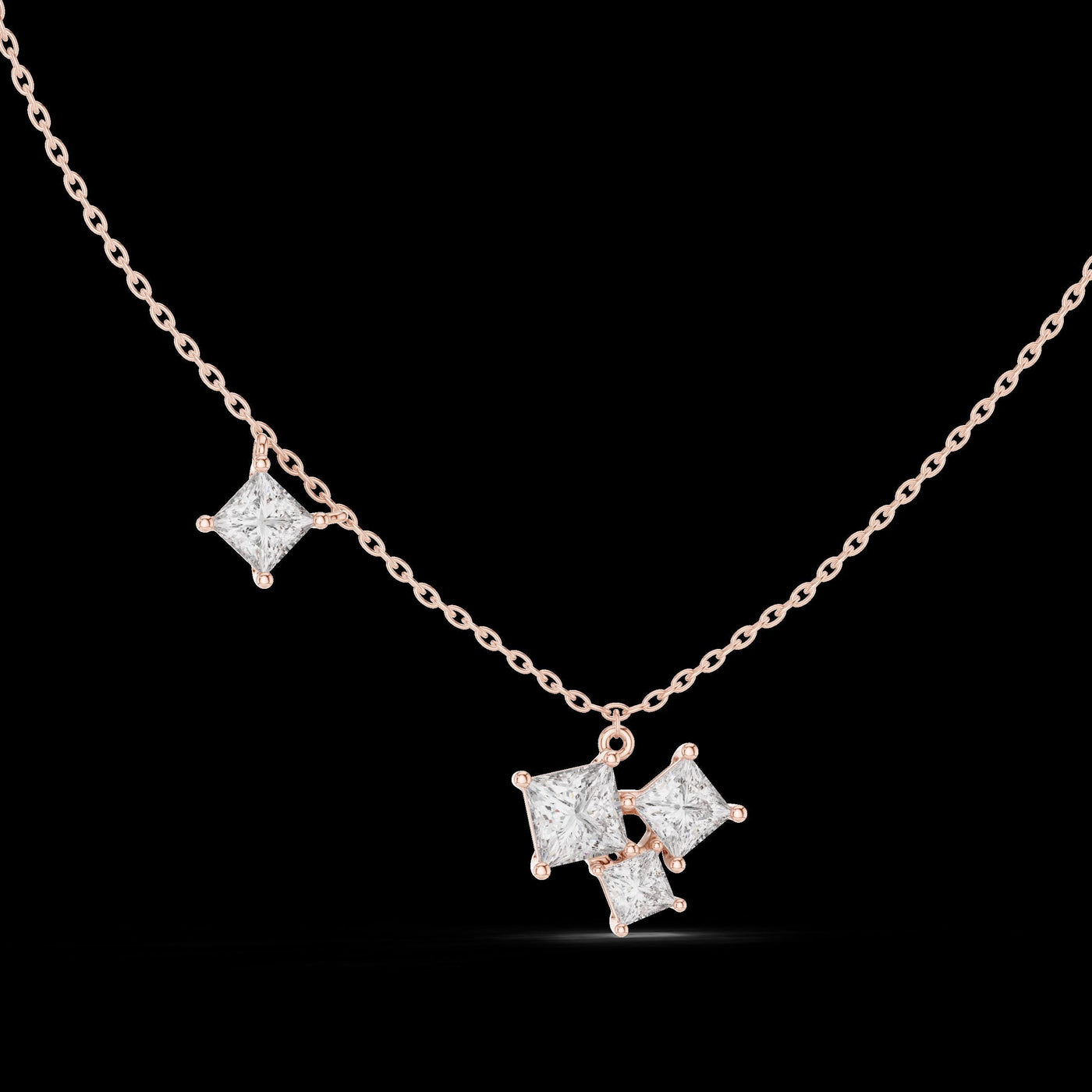 Princess Cut Diamond Cluster Pendant Necklace in 14K Rose Gold