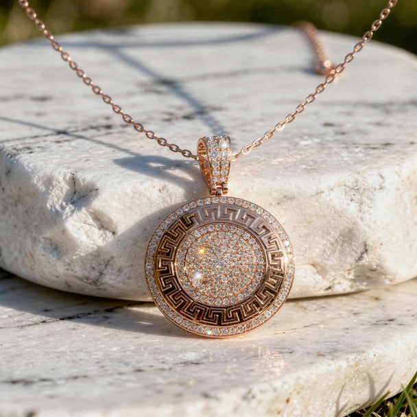 Greek Key Diamond Medallion Pendant in 14K Rose Gold