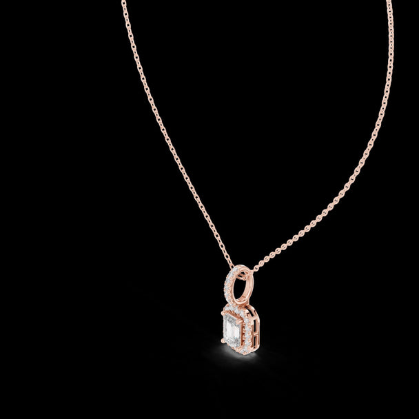 Emerald Cut Diamond Halo Pendant in 14K Rose Gold