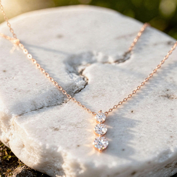 Three Stone Diamond Drop Necklace in 14K Rose Gold