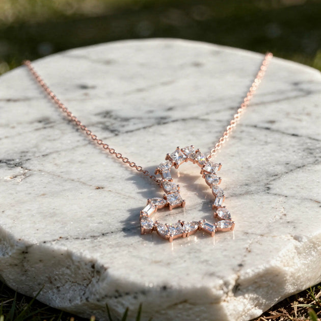 Driona Jewels Heart Pendant Necklace – 14K Gold Baguette Moissanite