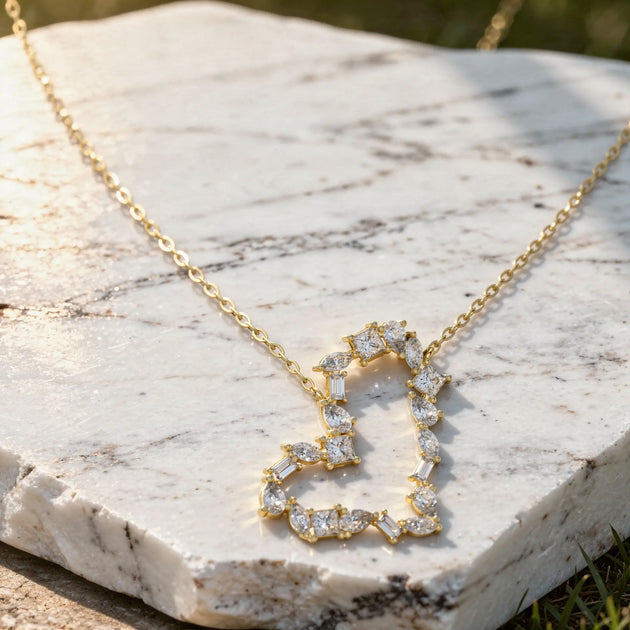 Driona Jewels Heart Pendant Necklace – 14K Gold Baguette Moissanite