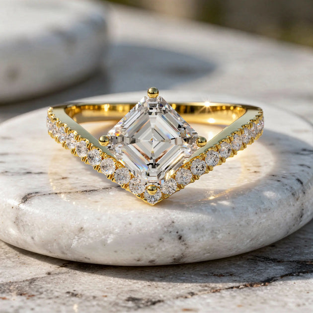 Princess Cut Lab Grown Diamond Engagement Ring, Chevron Pave Band