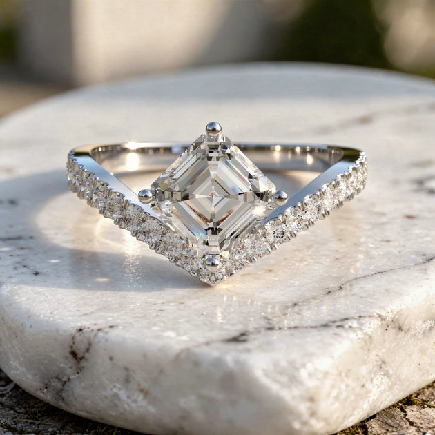 Princess Cut Lab Grown Diamond Engagement Ring, Chevron Pave Band