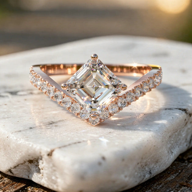 Princess Cut Lab Grown Diamond Engagement Ring, Chevron Pave Band
