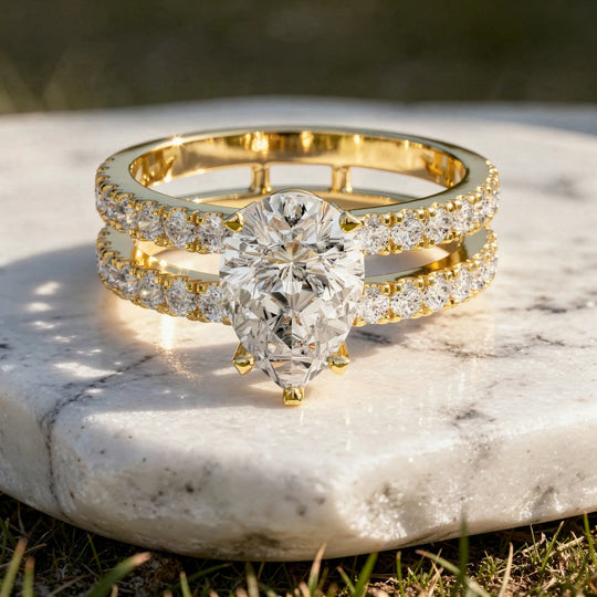 Driona Jewels Pear Cut Solitaire Engagement Ring | Double Pavé Band