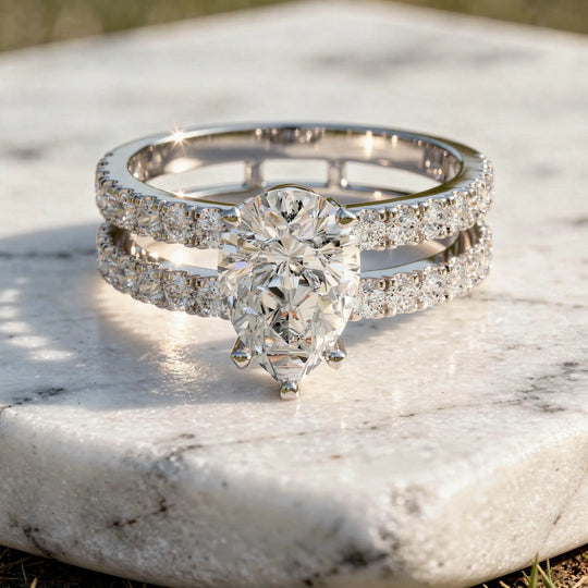 Driona Jewels Pear Cut Solitaire Engagement Ring | Double Pavé Band