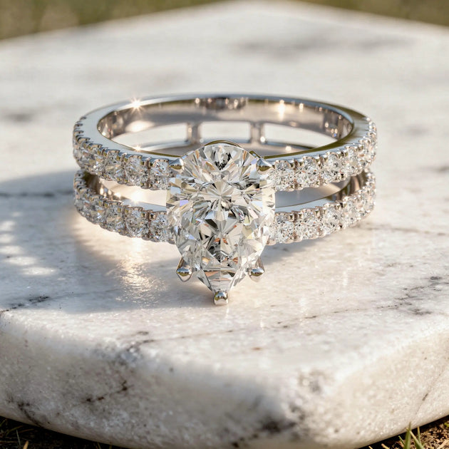 Pear Cut Solitaire Engagement Ring, Double Lab Grown Diamond Pave Band