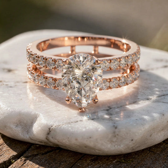 Driona Jewels Pear Cut Solitaire Engagement Ring | Double Pavé Band