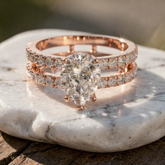 Pear Cut Solitaire Engagement Ring, Double Lab Grown Diamond Pave Band
