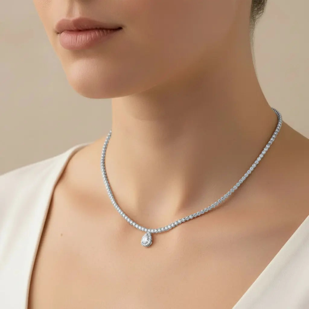 Pear Halo Lab Grown Diamond Teardrop Tennis Necklace