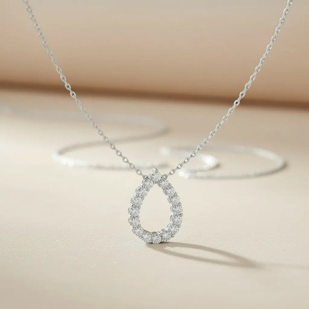 Teardrop Diamond Halo Pendant, Solid Gold Pear Necklace