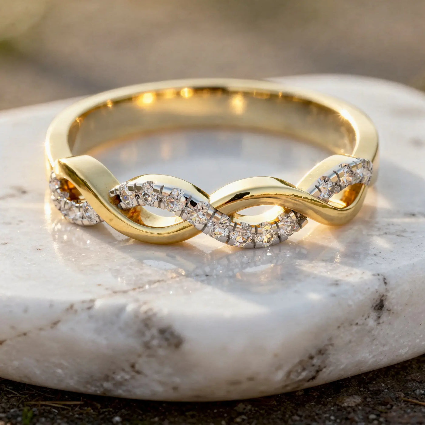 Close-up: Round Diamond Infinity Ring with Channel Setting in 14k Gold - Lab Grown - Driona Jewels