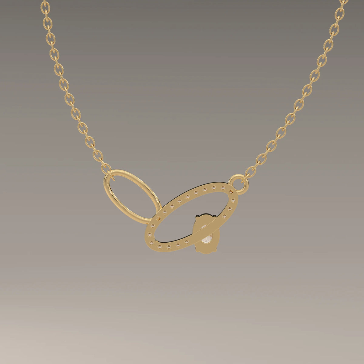 Interlocking Oval Loops Pendant with Pave and Oval Lab Grown Diamond in yellow gold, front view on a plain background.
