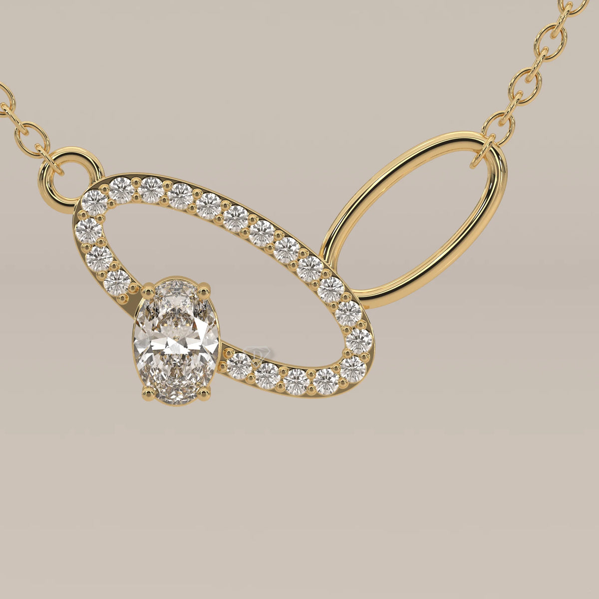 Interlocking Oval Loops Pendant with Pave and Oval Lab Grown Diamond in yellow gold, shown on a plain background.