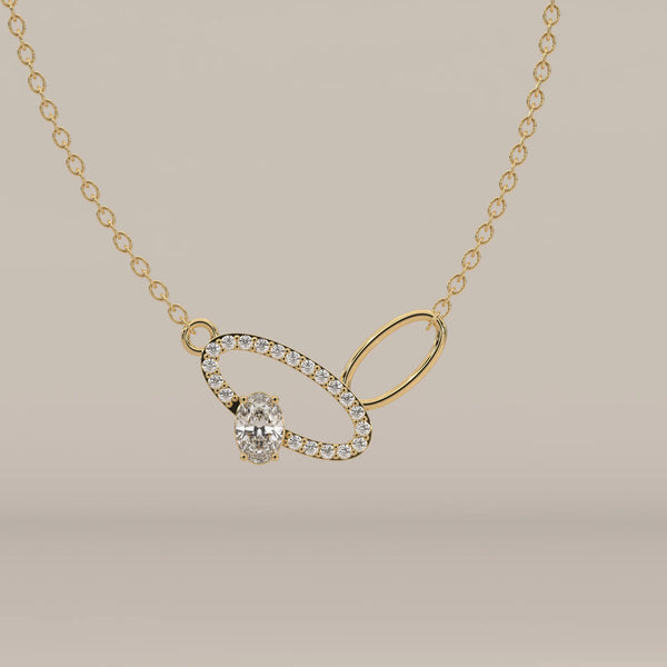 Interlocking Oval Loops Pendant with Pave and Oval Lab Grown Diamond in yellow gold, shown from the front.