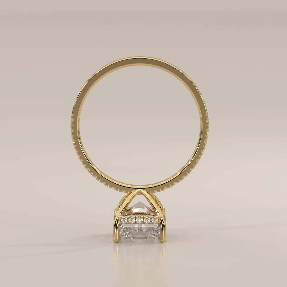 Ivory 5 Carat Radiant Lab Grown Diamond Ring, Hidden Halo Pave Band in yellow gold, photographed from the side.