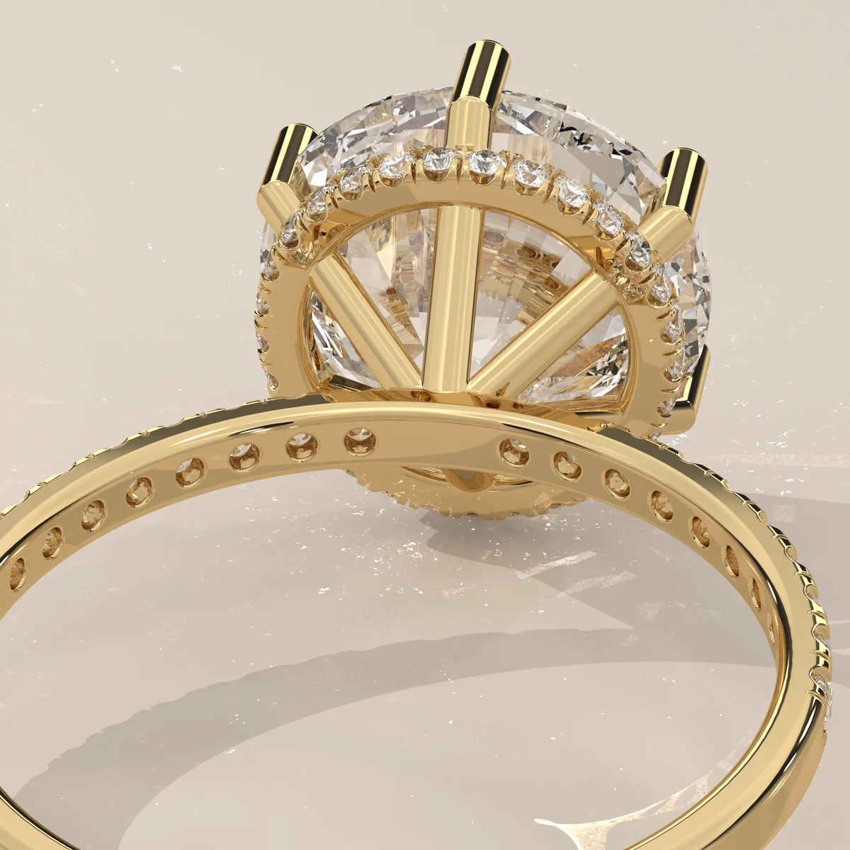 Jlina 5 Carat Round Lab Grown Diamond Ring, Six Claw Hidden Halo in yellow gold, shown at an angle.