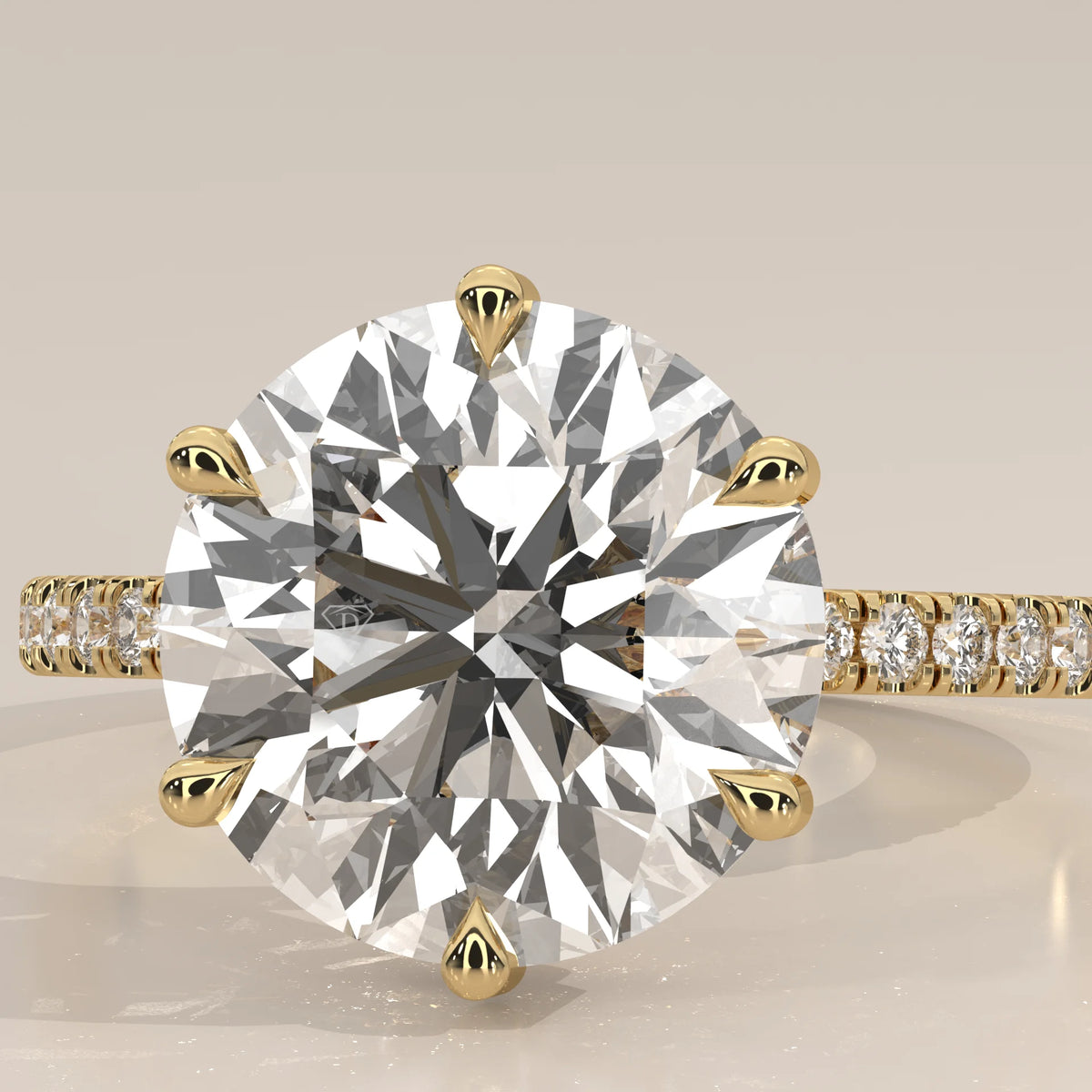 Jlina 5 Carat Round Lab Grown Diamond Ring, Six Claw Hidden Halo in yellow gold, front view on a plain background.