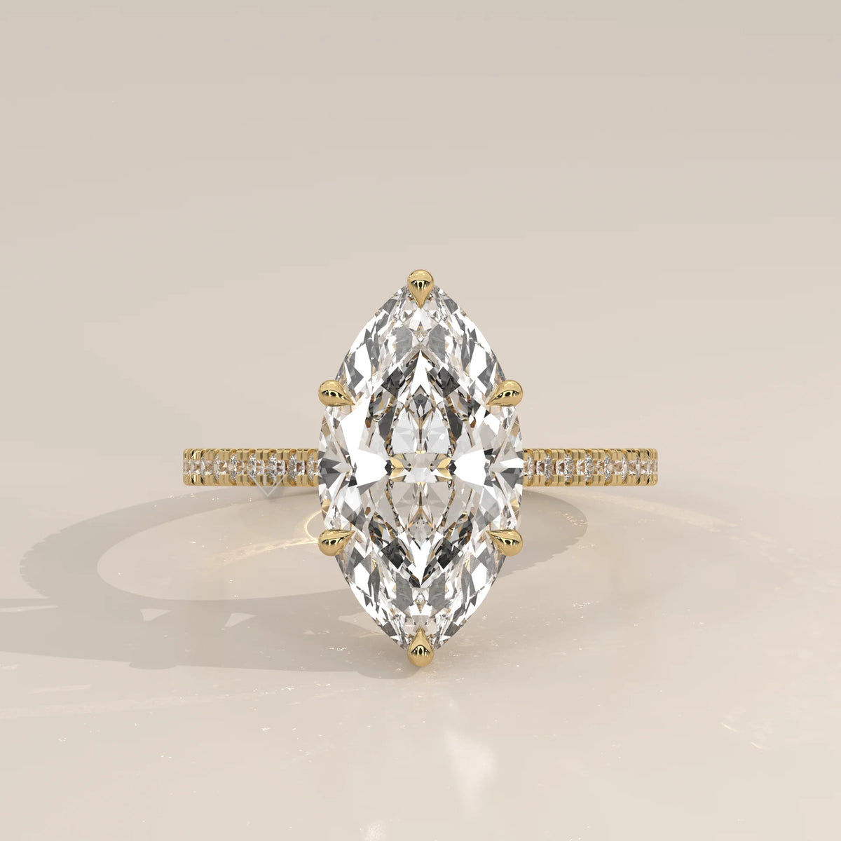 Kalesya 5 Carat Marquise Lab Grown Diamond Ring, Hidden Halo Pave in yellow gold, photographed head-on.