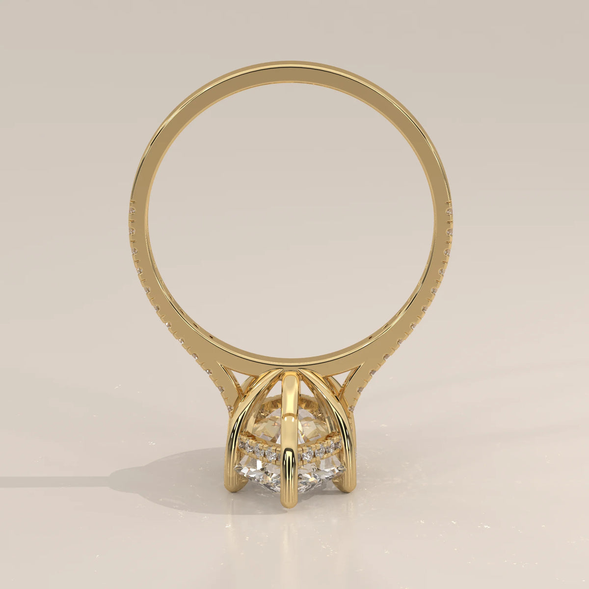 Kalesya 5 Carat Marquise Lab Grown Diamond Ring, Hidden Halo Pave in yellow gold, side profile view.